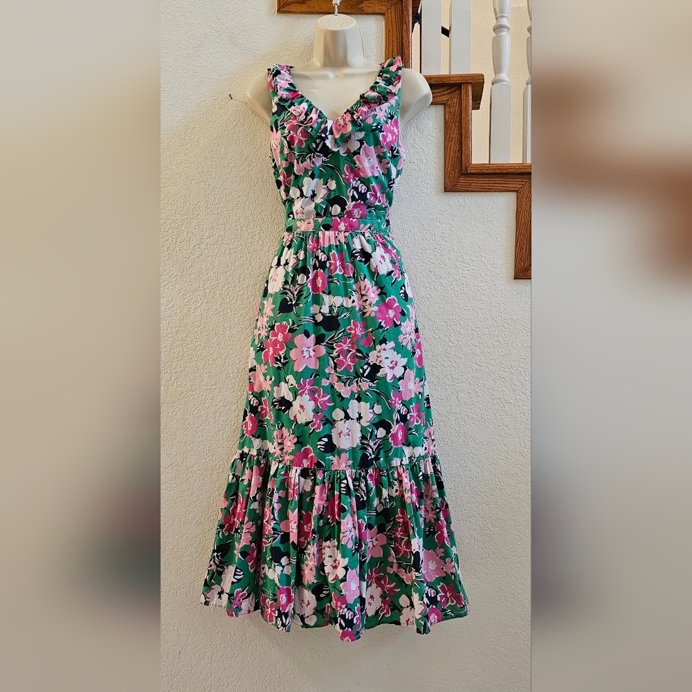 J Crew Pink & Green Ruffle Trim Midi Dress Size 2 NEW WITH TAGS
